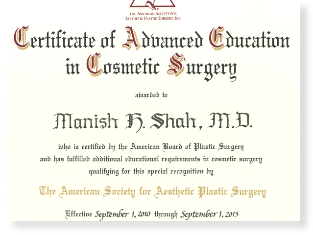 manish shah certificate of advanced graduation cosmetic surgery