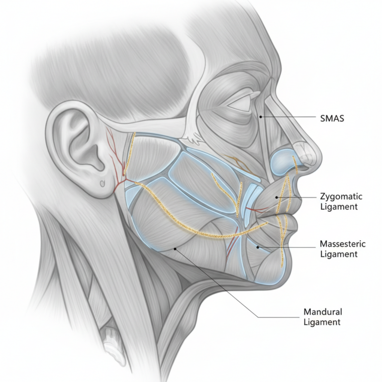 Close-up view of facial structure showing SMAS layer and ligament anatomy for deep plane facelift technique