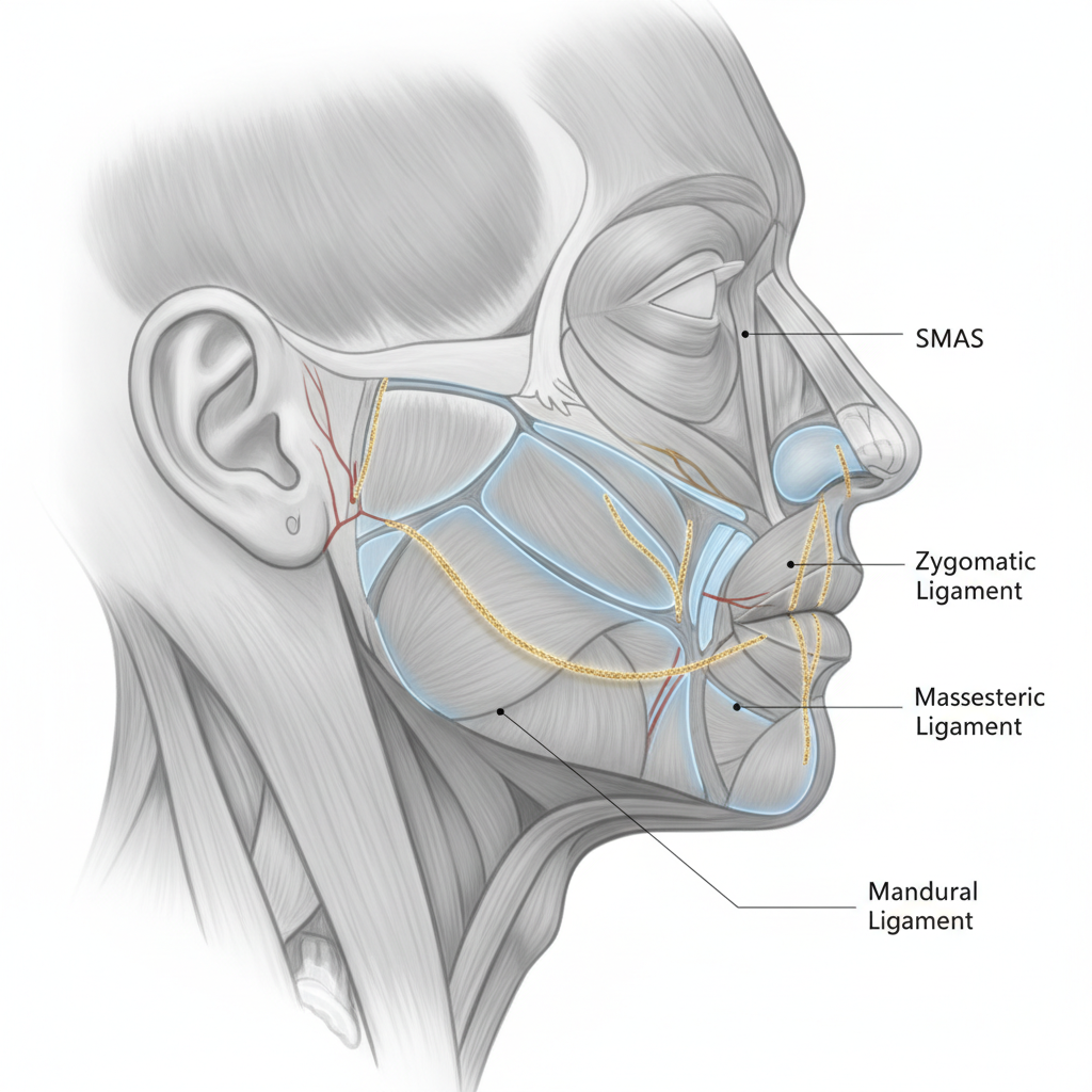 Close-up view of facial structure showing SMAS layer and ligament anatomy for deep plane facelift technique