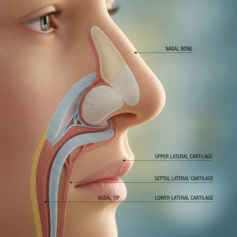 Surgeon examining nasal anatomy model showing bridge structure and tip definition for ethnic rhinoplasty planning
