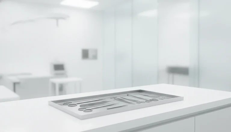 Modern surgical suite with contemporary medical equipment and soft lighting