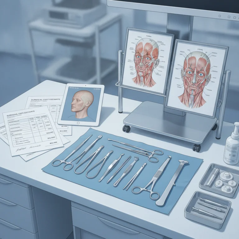 Surgical instruments and patient consultation notes on a desk representing facelift procedure planning